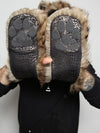 Man wearing faux fur Baby Bobcat SpiritHood, front view 3