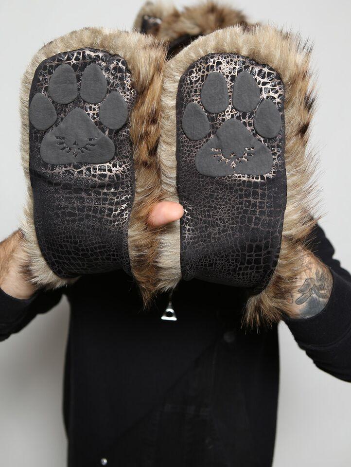 Man wearing faux fur Baby Bobcat SpiritHood, front view 3