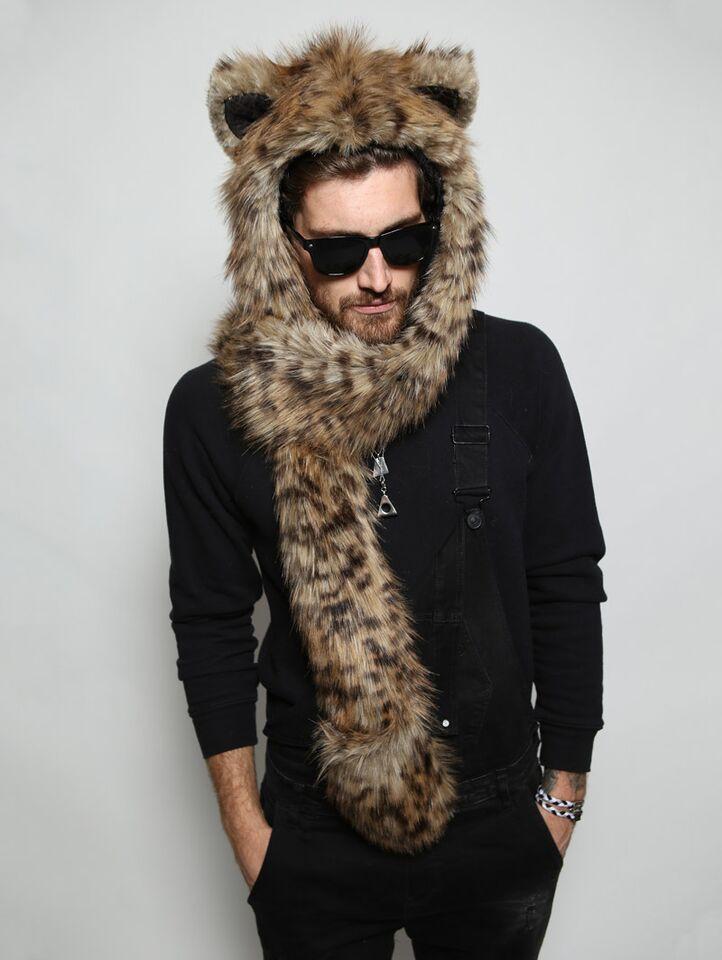 Man wearing faux fur Baby Bobcat SpiritHood, front view 5