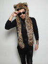 Man wearing faux fur Baby Bobcat SpiritHood, front view 6