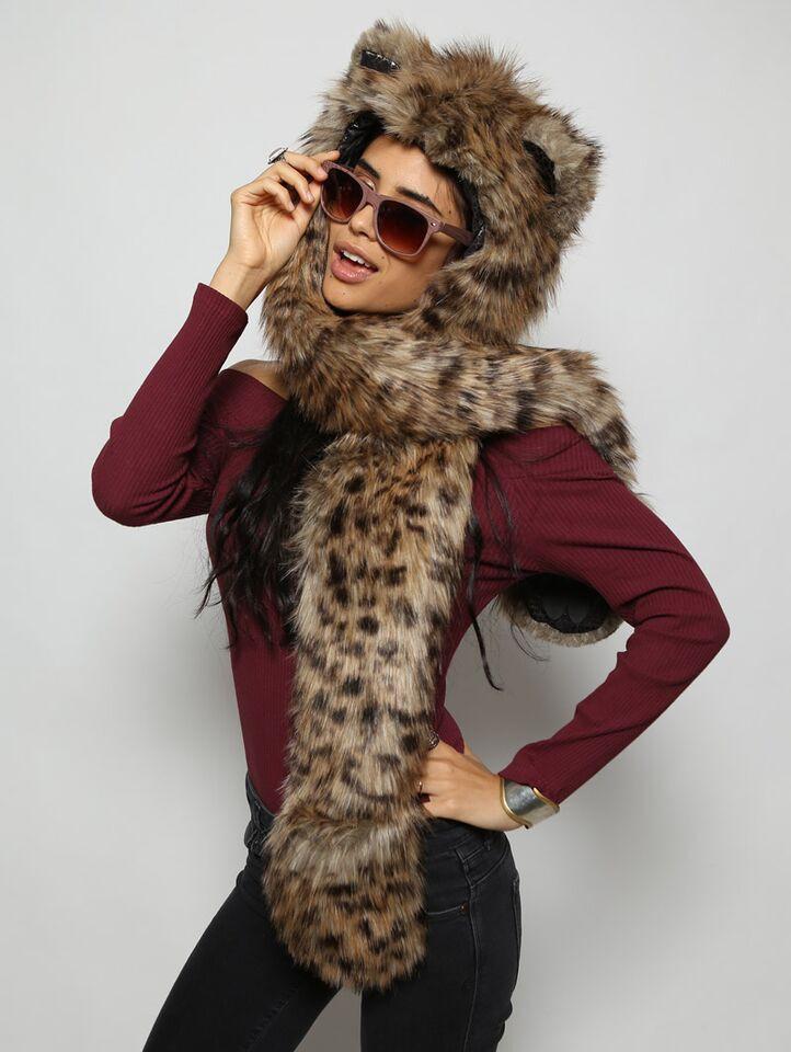 Woman wearing faux fur Baby Bobcat SpiritHood, side view