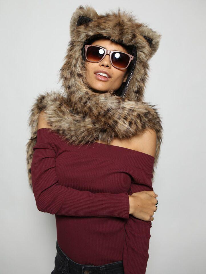 Woman wearing faux fur Baby Bobcat SpiritHood, front view 1
