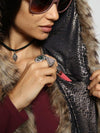 Woman wearing faux fur Baby Bobcat SpiritHood, side view 1