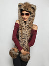 Woman wearing faux fur Baby Bobcat SpiritHood, front view 2