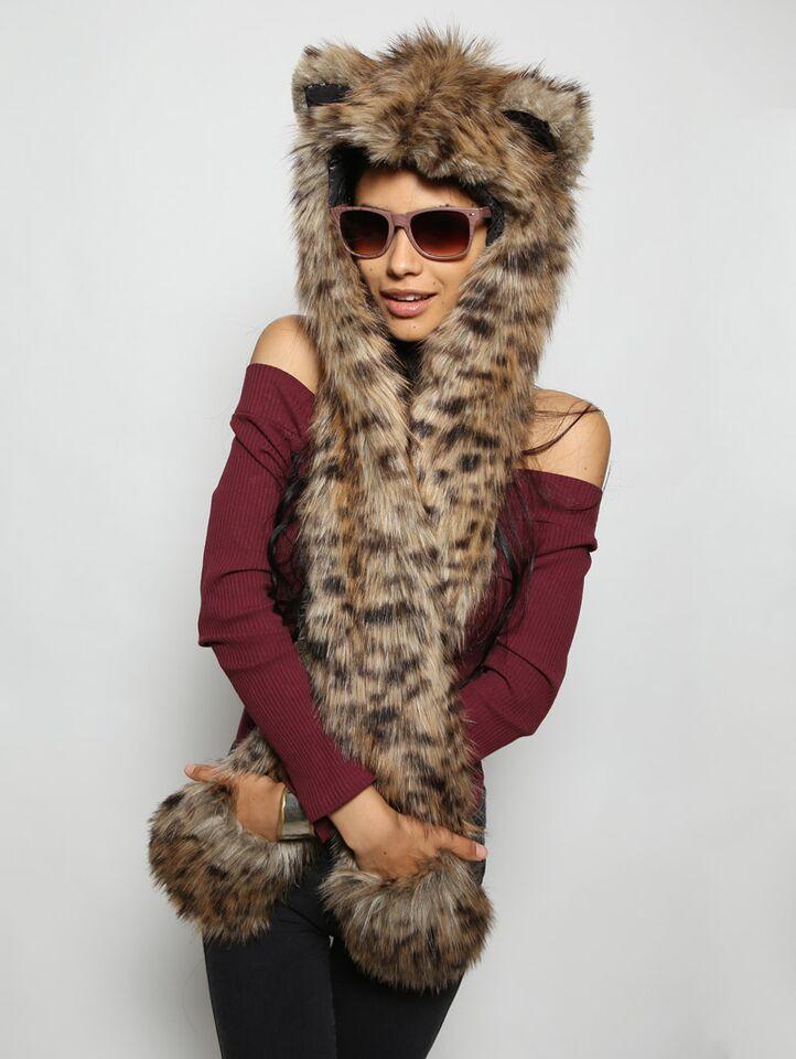Woman wearing faux fur Baby Bobcat SpiritHood, front view 2