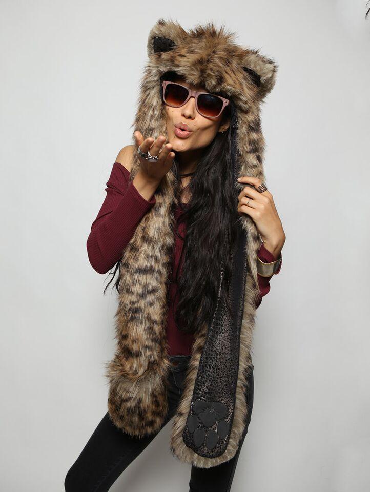 Woman wearing faux fur Baby Bobcat SpiritHood