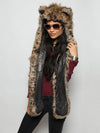 Woman wearing faux fur Baby Bobcat SpiritHood, front view 3