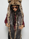 Woman wearing faux fur Baby Bobcat SpiritHood, front view 4