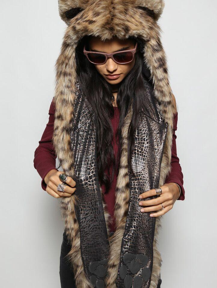 Woman wearing faux fur Baby Bobcat SpiritHood, front view 4