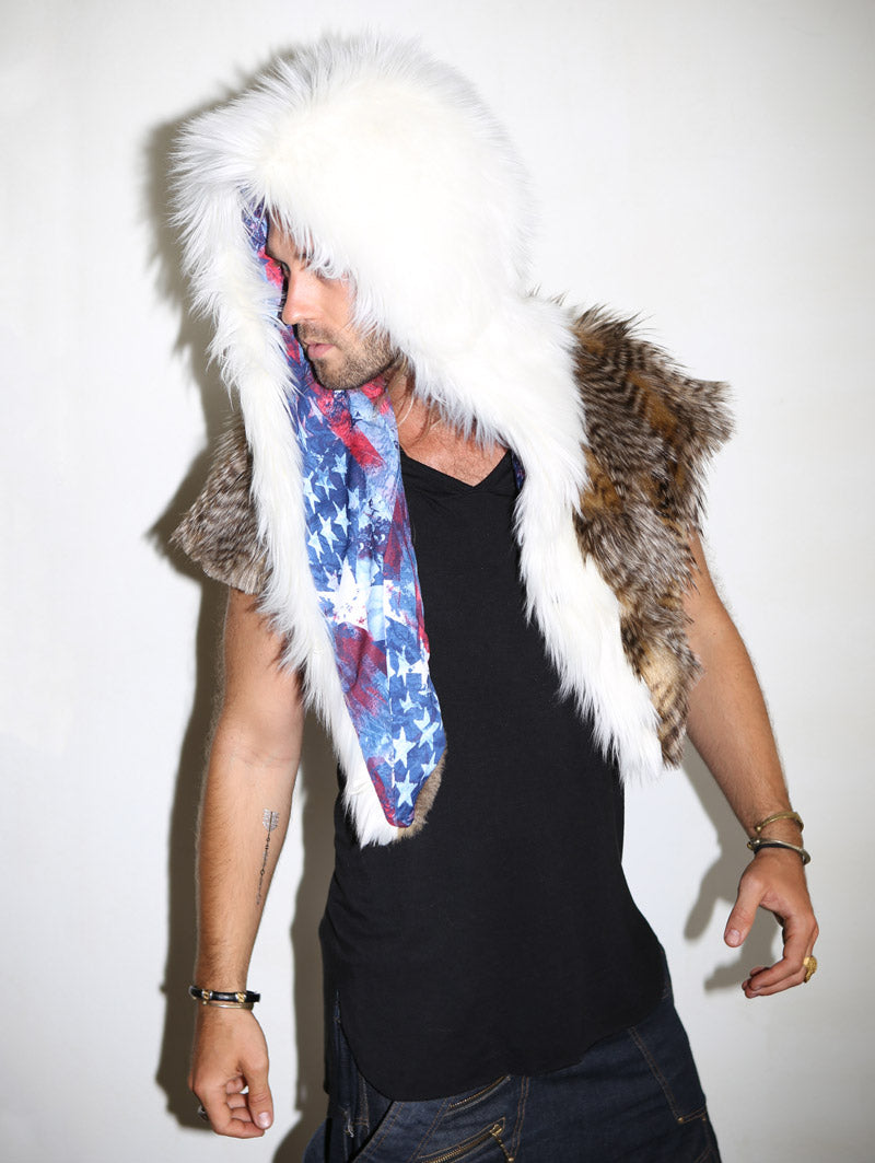 Man wearing faux fur Bald Eagle Shawl SpiritHood, front view 1