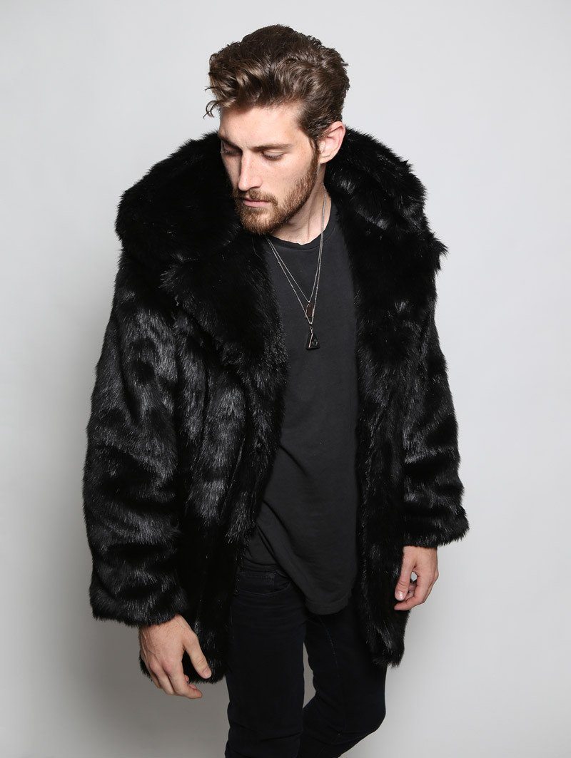 Black Panther Classic Faux Fur Coat with Hood on Man