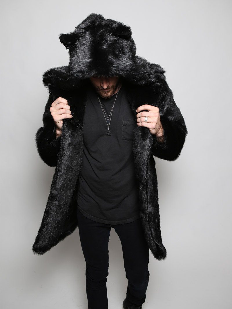 Man Wearing Hooded Black Panther Classic Faux Fur Coat