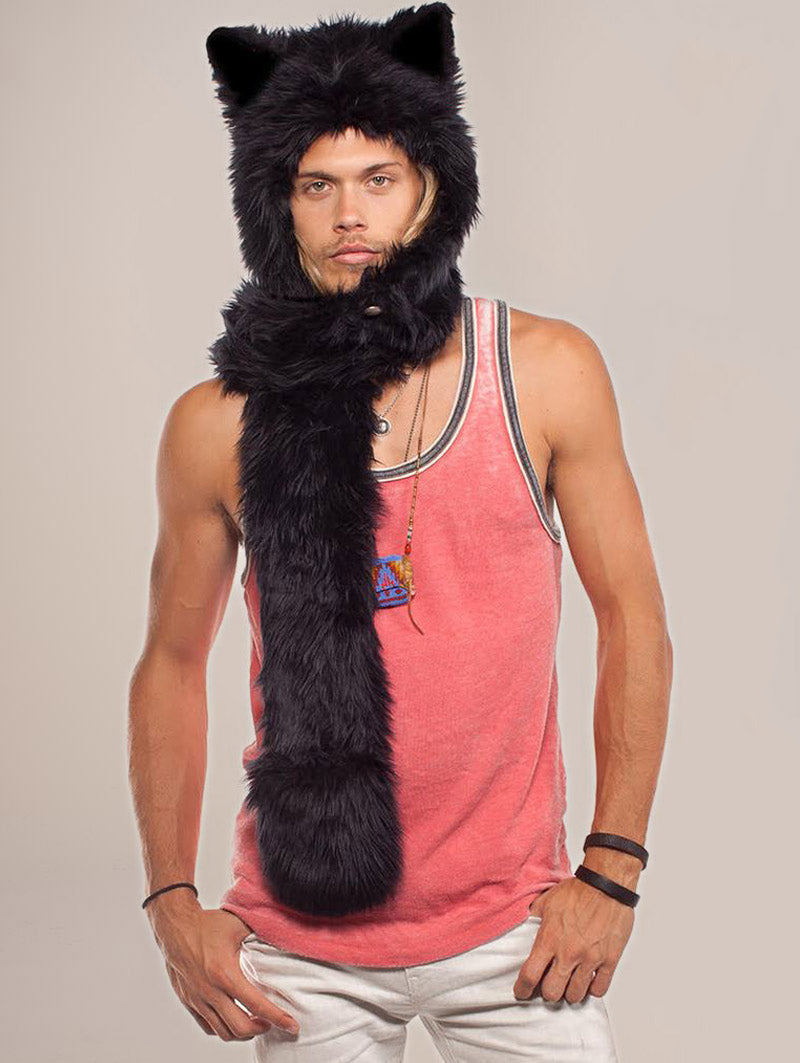 Man wearing Black Wolf Faux Fur Hood, front view 1