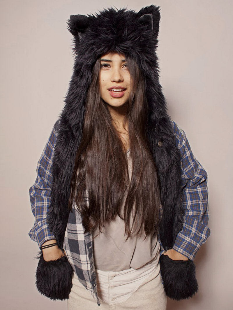 Woman wearing Black Wolf Faux Fur Hood