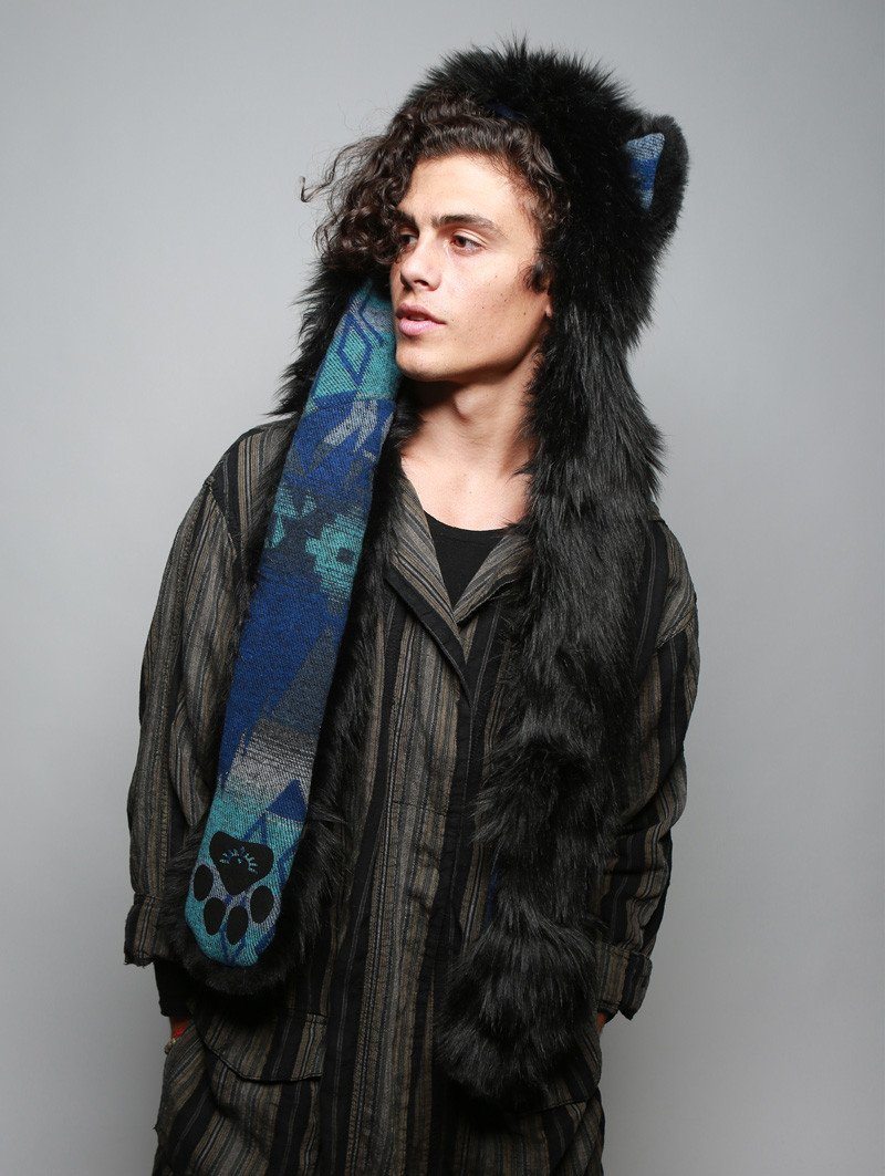 Man wearing faux fur Black Wolf Italy SpiritHood, side view 1