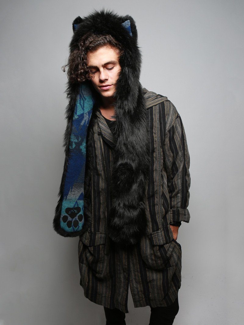 Man wearing faux fur Black Wolf Italy SpiritHood, front view 1