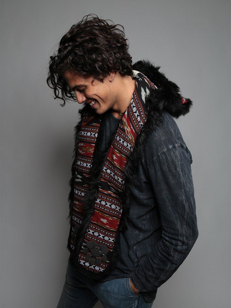 Man wearing faux fur Black Bear SpiritHood, front view 1