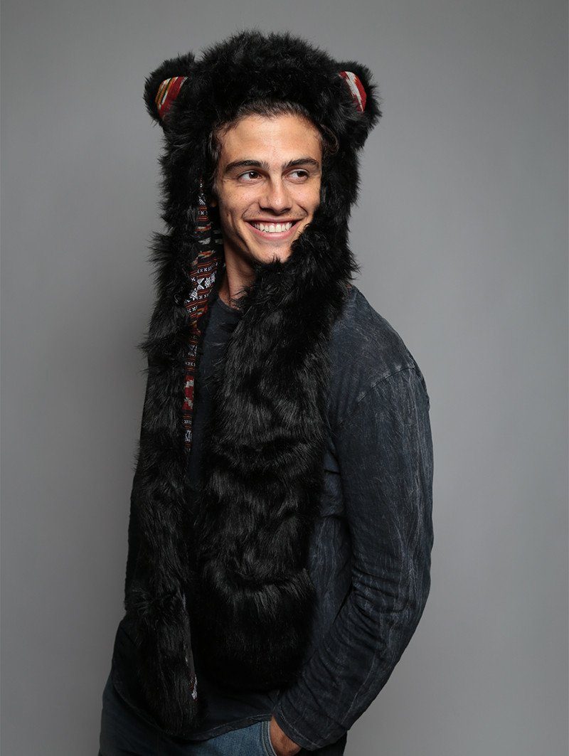 Man wearing faux fur Black Bear SpiritHood, side view 2