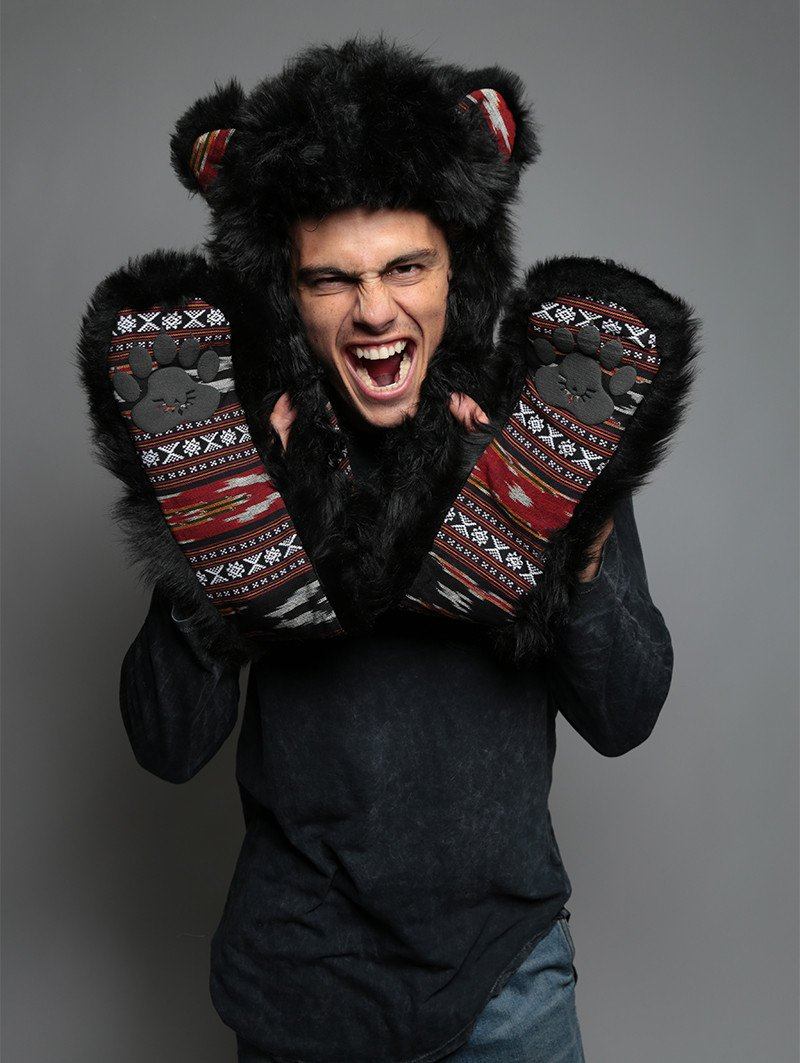Man wearing faux fur Black Bear SpiritHood, front view 2