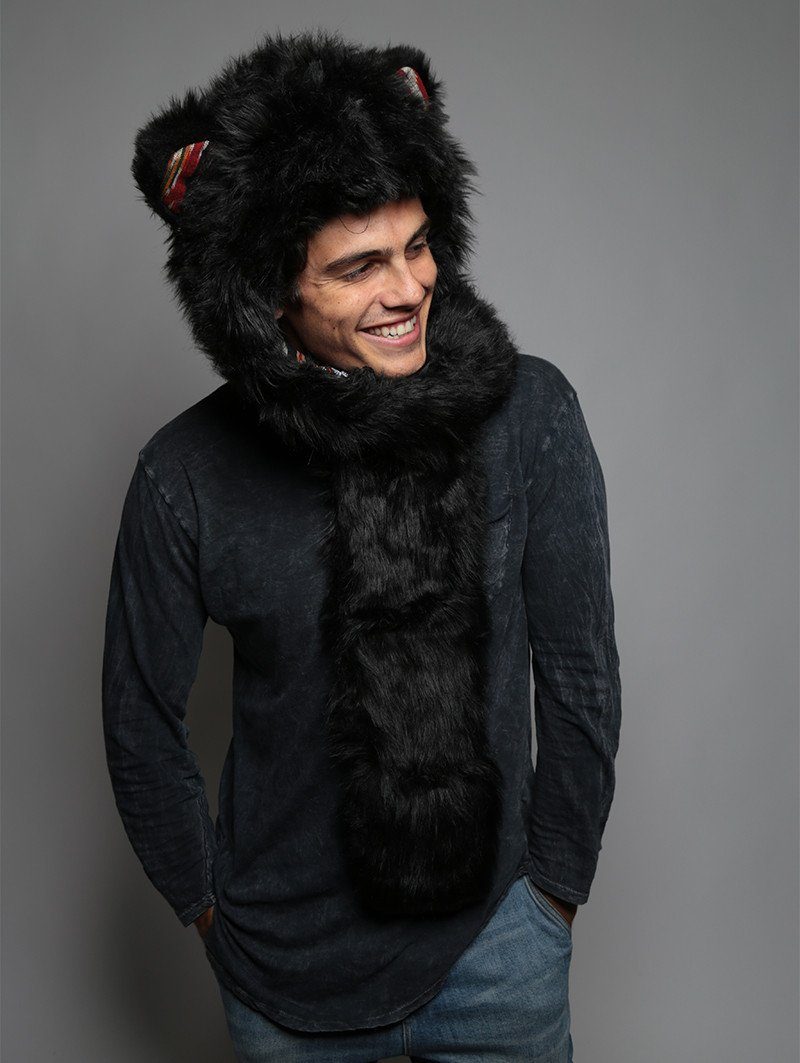 Man wearing faux fur Black Bear SpiritHood, front view 3