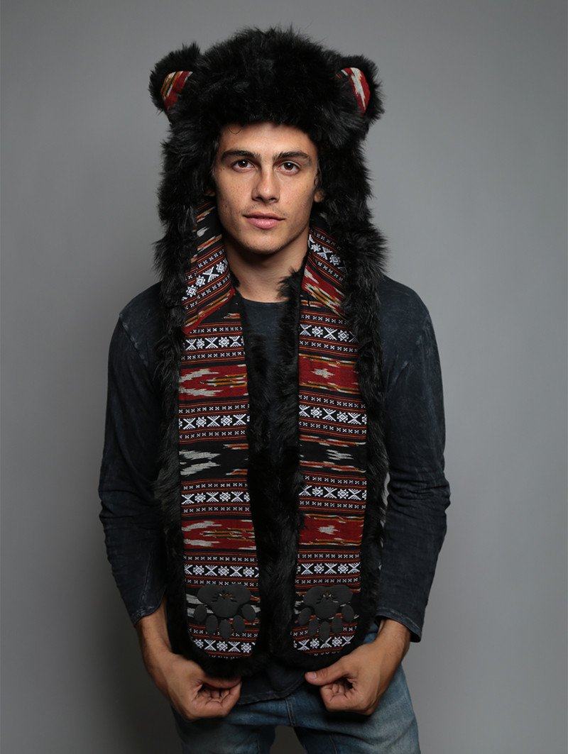 Man wearing faux fur Black Bear SpiritHood, front view 1