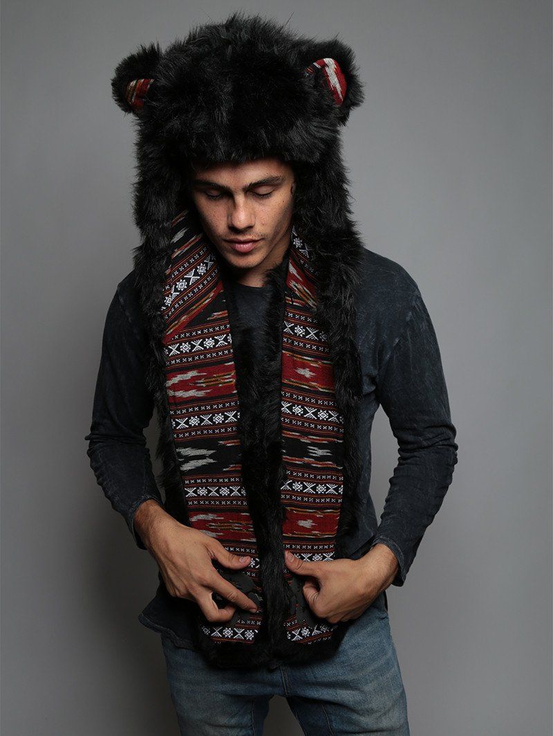 Man wearing faux fur Black Bear SpiritHood, front view 4