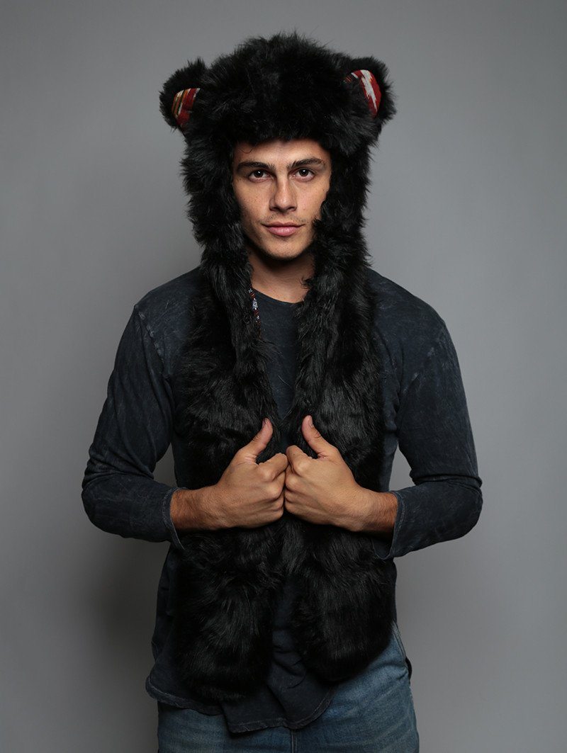 Man wearing faux fur Black Bear SpiritHood, front view 5