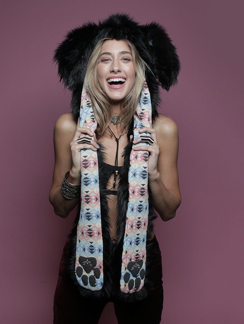 Woman wearing Faux Fur Black Bunny SpiritHood, front view 1
