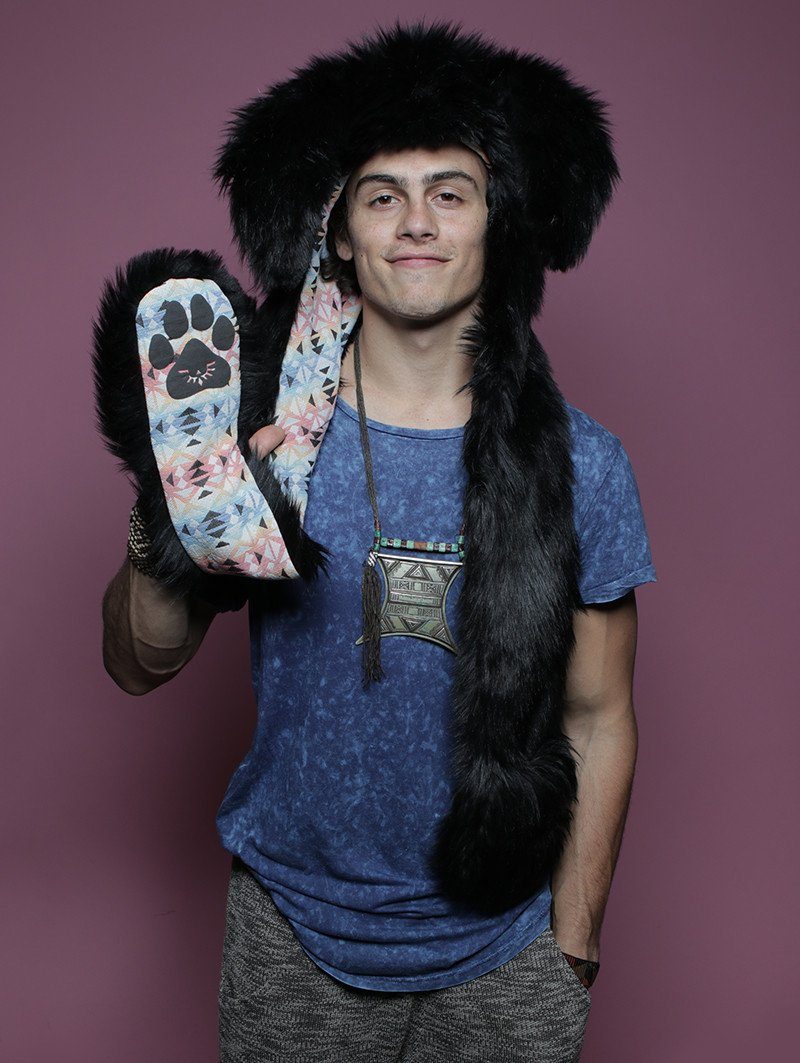 Man wearing faux fur Black Bunny SpiritHood, front view 1