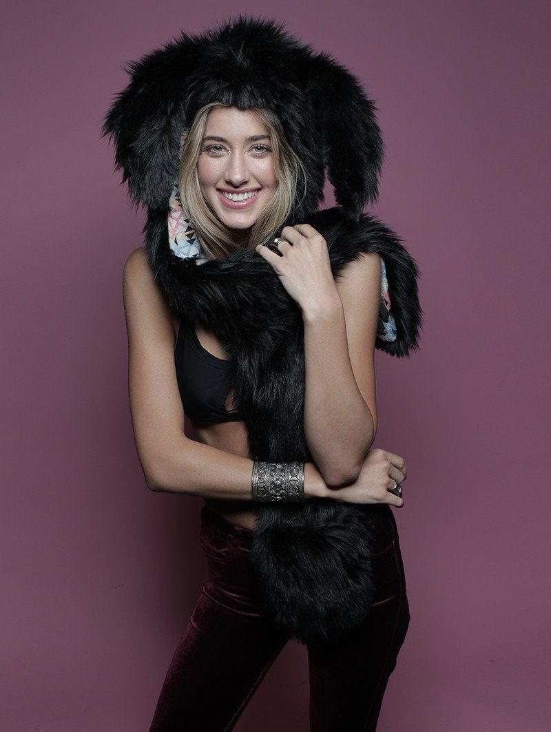 Woman wearing Faux Fur Black Bunny SpiritHood, front view