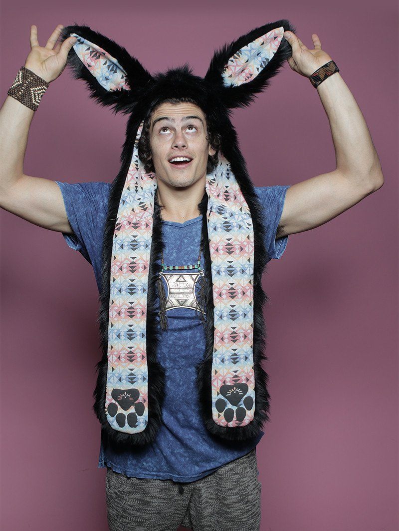 Man wearing faux fur Black Bunny SpiritHood, front view 5
