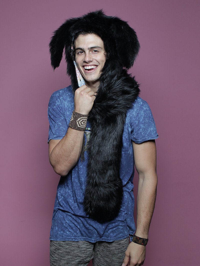 Man wearing faux fur Black Bunny SpiritHood, front view 4
