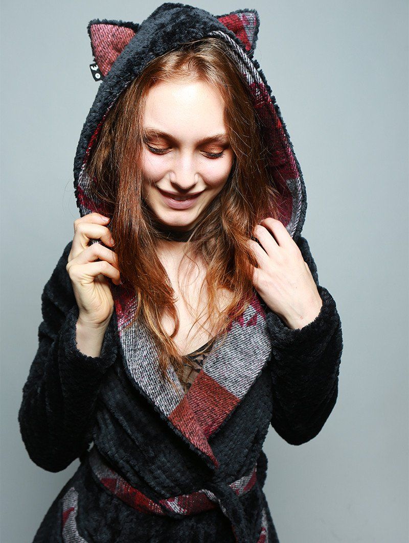 Woman wearing Fauxeva Cozy Feline Robe, front view 1