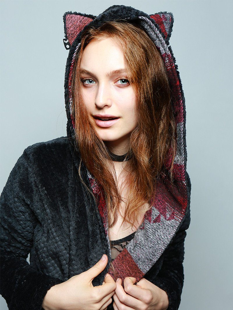 Woman wearing Fauxeva Cozy Feline Robe, front view 3