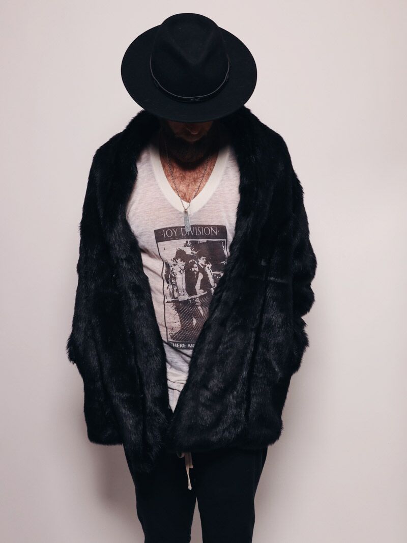 Man wearing Black Panther Collared Faux Fur Coat, front view 4