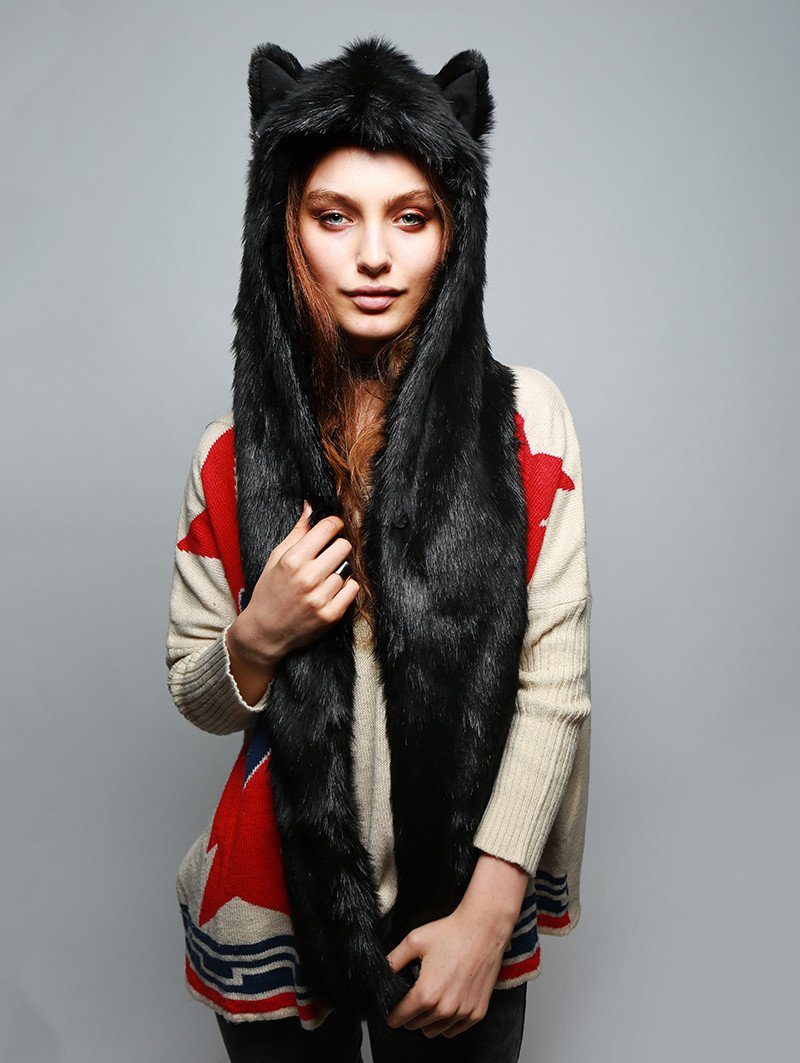 Black Wolf Infinity Faux Fur Scarf with Hood on Female