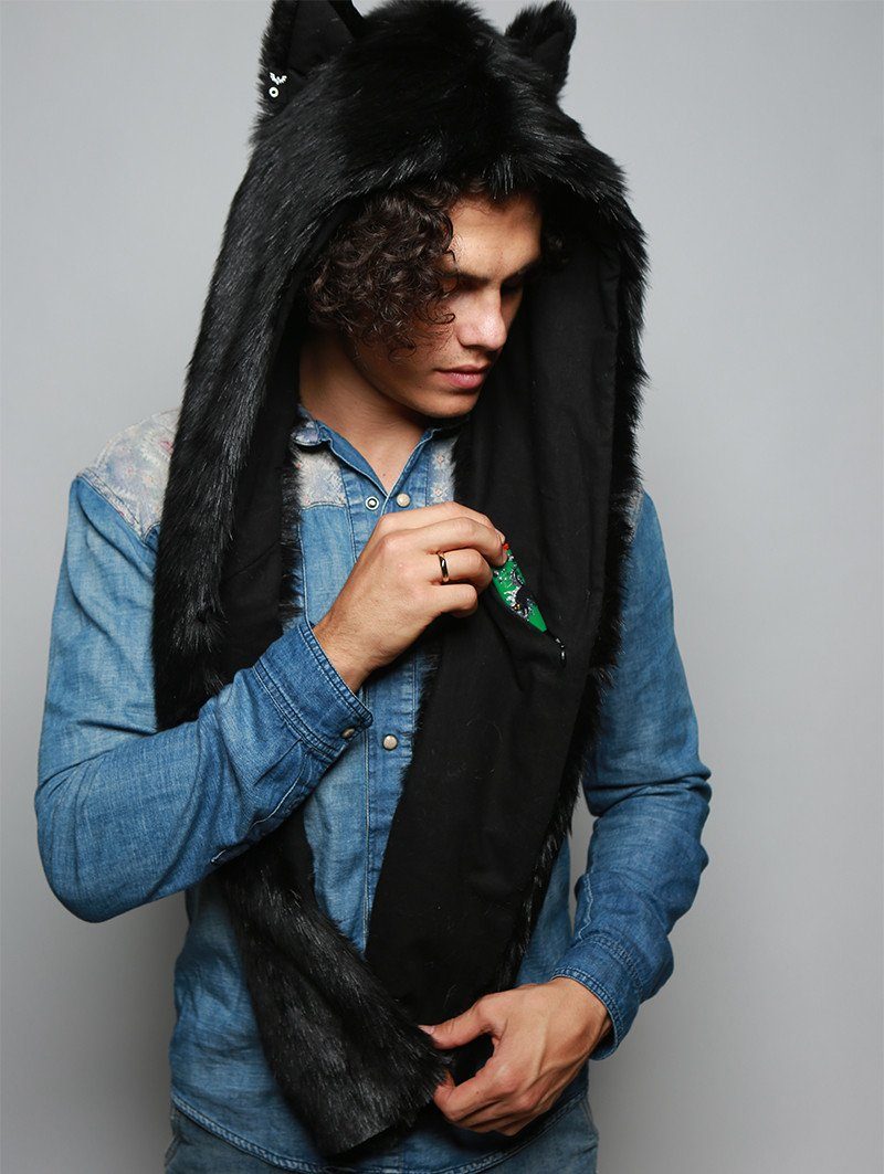 Man wearing faux fur Black Wolf Infinity Scarf SpiritHood, front view 1