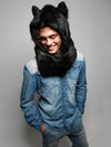 Man wearing faux fur Black Wolf Infinity Scarf SpiritHood, front view