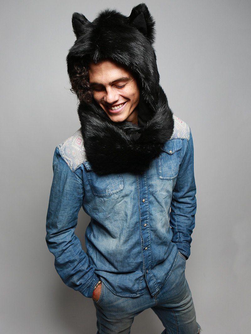 Man wearing faux fur Black Wolf Infinity Scarf SpiritHood, front view