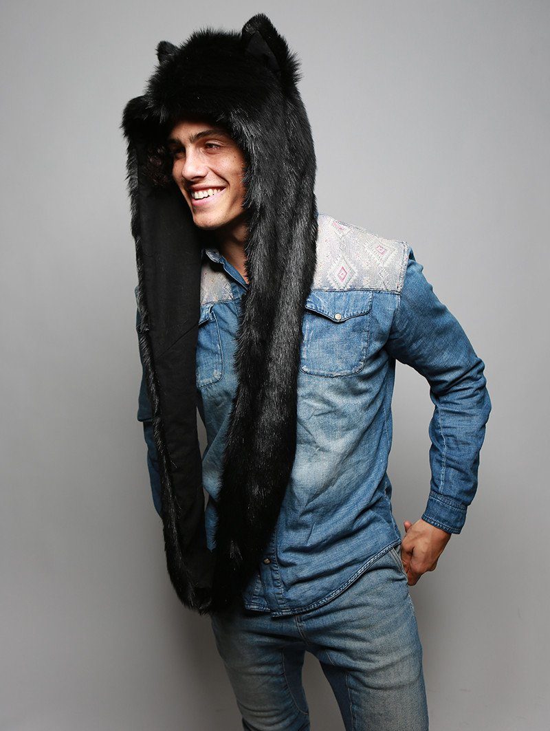 Man wearing faux fur Black Wolf Infinity Scarf SpiritHood, side view 1