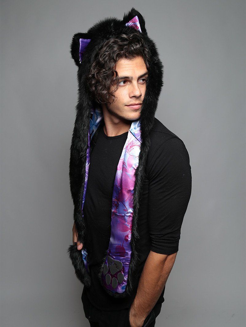 Man wearing faux fur Black Wolf Purple Haze Collector SpiritHood, side view 1