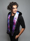 Man wearing faux fur Black Wolf Purple Haze Collector SpiritHood, side view 2