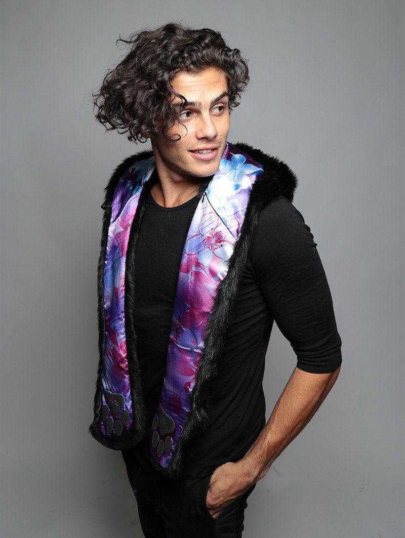 Man wearing faux fur Black Wolf Purple Haze Collector SpiritHood, side view 2