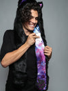 Man wearing faux fur Black Wolf Purple Haze Collector SpiritHood, front view 2