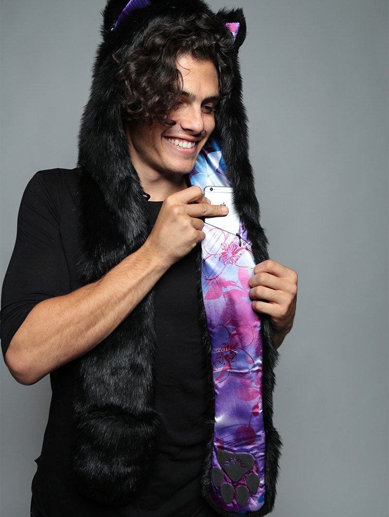 Man wearing faux fur Black Wolf Purple Haze Collector SpiritHood, front view 2