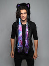 Man wearing faux fur Black Wolf Purple Haze Collector SpiritHood, front view 1