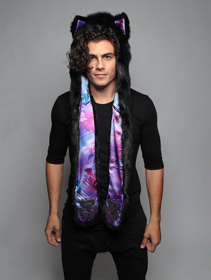 Man wearing faux fur Black Wolf Purple Haze Collector SpiritHood, front view 1