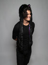 Man wearing faux fur Black Wolf Purple Haze Collector SpiritHood, side view 3