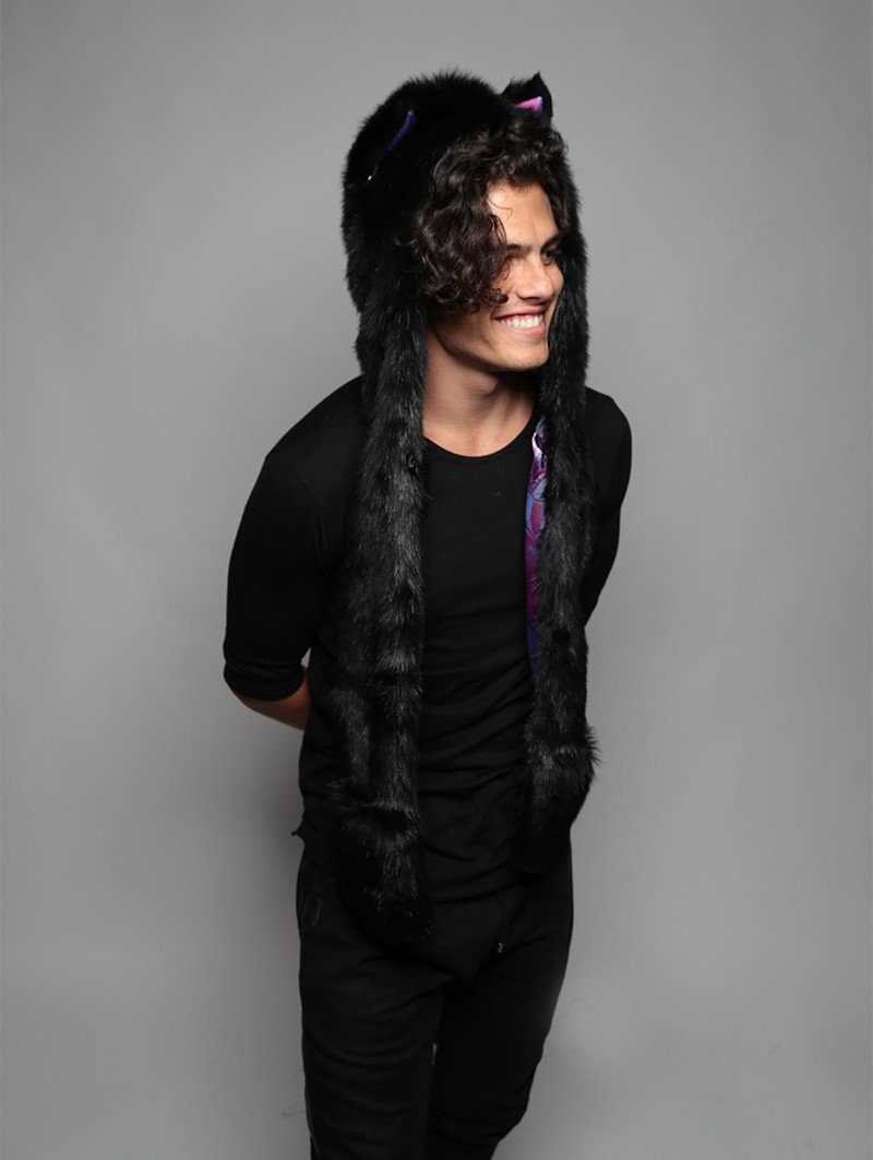 Man wearing faux fur Black Wolf Purple Haze Collector SpiritHood, side view 3
