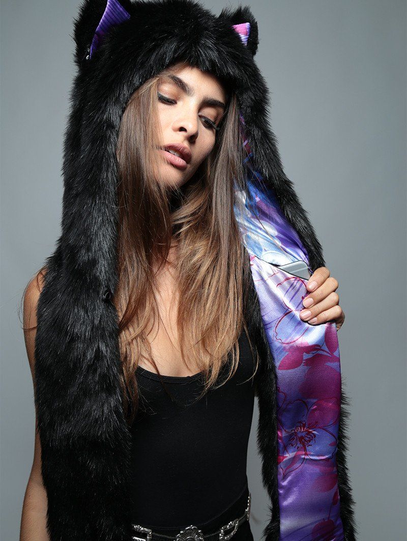 Woman wearing Limited Edition Black Wolf Purple Haze Faux Fur SpiritHood, front view